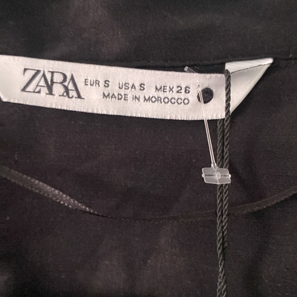 ZARA Womens Sz-S Black Ruched Drape Linen Blend Long Sleeve Collared Dress(C-24) - Picture 7 of 8